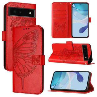 For Google Pixel 6 Embossed Butterfly Leather Phone Case(Red)