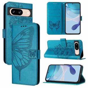 For Google Pixel 8 Embossed Butterfly Leather Phone Case(Blue)