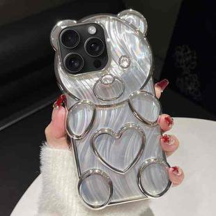 For iPhone 15 Pro Max Bear Shaped Embossed Electroplated Laser TPU Phone Case(Silver)
