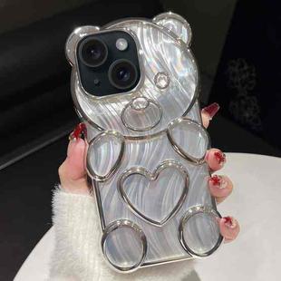 For iPhone 15 Bear Shaped Embossed Electroplated Laser TPU Phone Case(Silver)