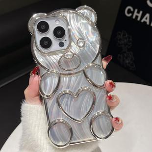 For iPhone 16 Pro Max Bear Shaped Embossed Electroplated Laser TPU Phone Case(Silver)