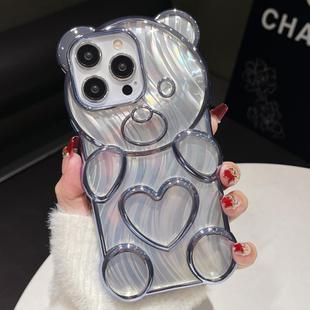 For iPhone 16 Pro Bear Shaped Embossed Electroplated Laser TPU Phone Case(Blue)