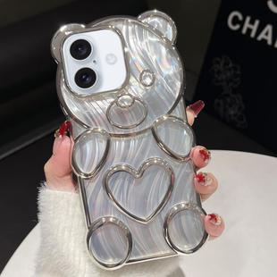 For iPhone 16 Bear Shaped Embossed Electroplated Laser TPU Phone Case(Silver)