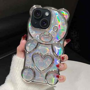 For iPhone 15 Bear Shape Electroplated Laser TPU Phone Case(Silver)