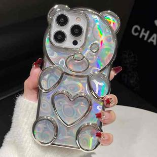 For iPhone 16 Pro Bear Shape Electroplated Laser TPU Phone Case(Silver)