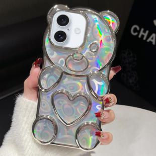 For iPhone 16 Bear Shape Electroplated Laser TPU Phone Case(Silver)