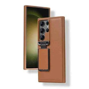 For Samsung Galaxy S23 Ultra 5G Lens Flip Cover All-inclusive Phone Case with Holder(Brown)