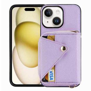 For iPhone 15 Crossbody Zipper Card Bag RFID Anti-theft Phone Case(Purple)
