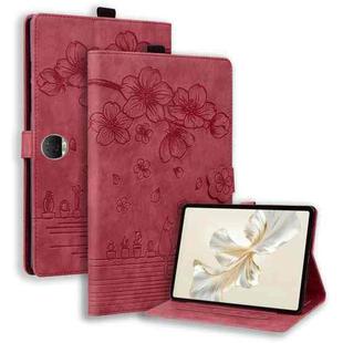 For Honor Pad 9 Cartoon Sakura Cat Embossed Leather Tablet Case(Red)