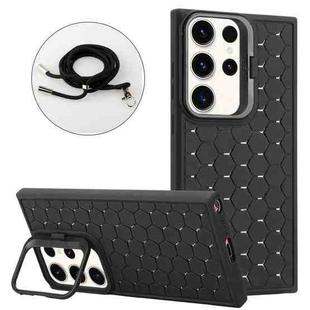 For Samsung Galaxy S24 Ultra 5G Honeycomb Radiating Lens Holder Magsafe Phone Case with Lanyard(Black)