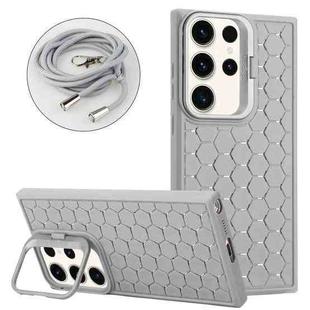 For Samsung Galaxy S24 Ultra 5G Honeycomb Radiating Lens Holder Magsafe Phone Case with Lanyard(Grey)