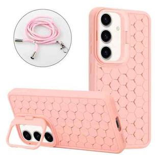 For Samsung Galaxy S24+ 5G Honeycomb Radiating Lens Holder Magsafe Phone Case with Lanyard(Pink)