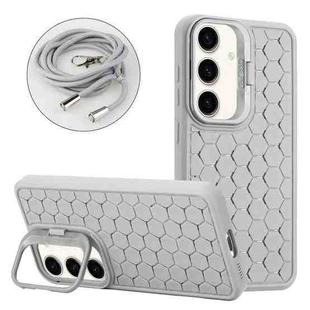For Samsung Galaxy S24 5G Honeycomb Radiating Lens Holder Magsafe Phone Case with Lanyard(Grey)
