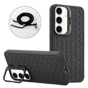 For Samsung Galaxy S23 FE 5G Honeycomb Radiating Lens Holder Magsafe Phone Case with Lanyard(Black)