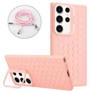 For Samsung Galaxy S23 Ultra 5G Honeycomb Radiating Lens Holder Magsafe Phone Case with Lanyard(Pink)