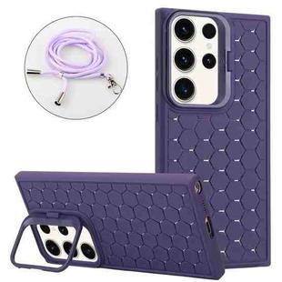 For Samsung Galaxy S23 Ultra 5G Honeycomb Radiating Lens Holder Magsafe Phone Case with Lanyard(Purple)