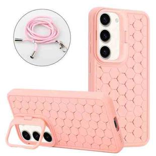 For Samsung Galaxy S23 5G Honeycomb Radiating Lens Holder Magsafe Phone Case with Lanyard(Pink)