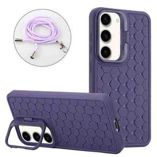 For Samsung Galaxy S23 5G Honeycomb Radiating Lens Holder Magsafe Phone Case with Lanyard(Purple)