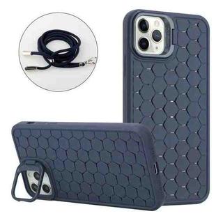 For iPhone 15 Pro Max Honeycomb Radiating Lens Holder Magsafe Phone Case with Lanyard(Blue)