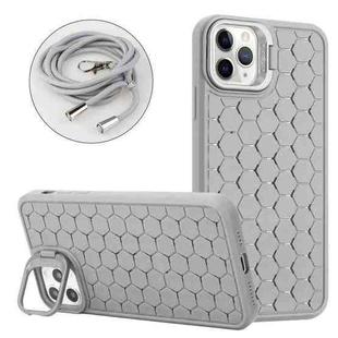 For iPhone 15 Pro Honeycomb Radiating Lens Holder Magsafe Phone Case with Lanyard(Grey)