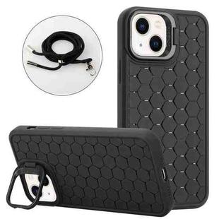 For iPhone 14 Honeycomb Radiating Lens Holder Magsafe Phone Case with Lanyard(Black)