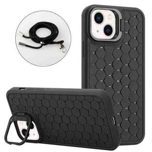 For iPhone 14 Plus Honeycomb Radiating Lens Holder Magsafe Phone Case with Lanyard(Black)