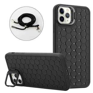 For iPhone 14 Pro Honeycomb Radiating Lens Holder Magsafe Phone Case with Lanyard(Black)