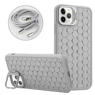 For iPhone 14 Pro Honeycomb Radiating Lens Holder Magsafe Phone Case with Lanyard(Grey)