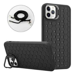 For iPhone 14 Pro Max Honeycomb Radiating Lens Holder Magsafe Phone Case with Lanyard(Black)