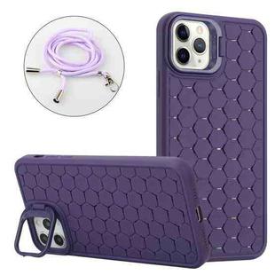 For iPhone 14 Pro Max Honeycomb Radiating Lens Holder Magsafe Phone Case with Lanyard(Purple)