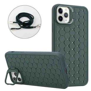 For iPhone 13 Pro Honeycomb Radiating Lens Holder Magsafe Phone Case with Lanyard(Green)