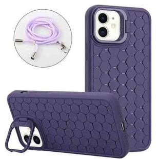 For iPhone 12 Honeycomb Radiating Lens Holder Magsafe Phone Case with Lanyard(Purple)