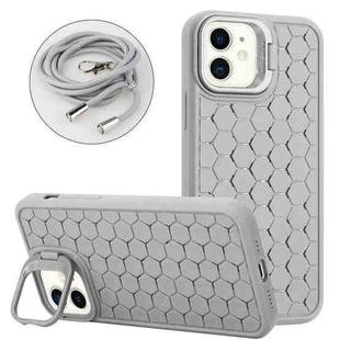 For iPhone 12 Honeycomb Radiating Lens Holder Magsafe Phone Case with Lanyard(Grey)