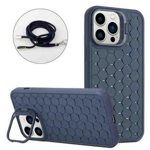 For iPhone 12 Pro Max Honeycomb Radiating Lens Holder Magsafe Phone Case with Lanyard(Blue)