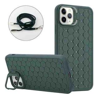 For iPhone 11 Pro Honeycomb Radiating Lens Holder Magsafe Phone Case with Lanyard(Green)