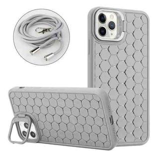 For iPhone 11 Pro Honeycomb Radiating Lens Holder Magsafe Phone Case with Lanyard(Grey)