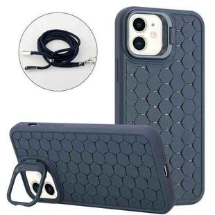 For iPhone 11 Honeycomb Radiating Lens Holder Magsafe Phone Case with Lanyard(Blue)