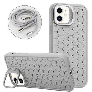 For iPhone 11 Honeycomb Radiating Lens Holder Magsafe Phone Case with Lanyard(Grey)