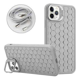 For iPhone 16 Pro Honeycomb Radiating Lens Holder Magsafe Phone Case with Lanyard(Grey)