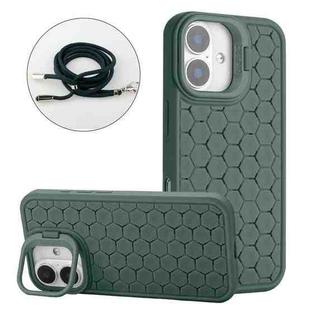 For iPhone 16 Plus Honeycomb Radiating Lens Holder Magsafe Phone Case with Lanyard(Green)