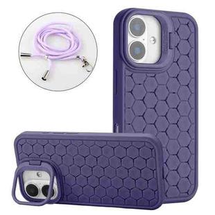 For iPhone 16 Plus Honeycomb Radiating Lens Holder Magsafe Phone Case with Lanyard(Purple)