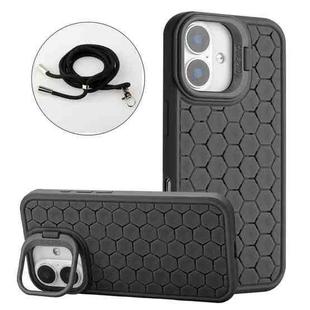 For iPhone 16 Honeycomb Radiating Lens Holder Magsafe Phone Case with Lanyard(Black)