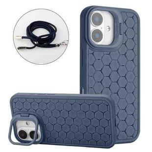 For iPhone 16 Honeycomb Radiating Lens Holder Magsafe Phone Case with Lanyard(Blue)