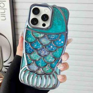 For iPhone 15 Pro Mermaid Shape Painted Paper Embossed Electroplated TPU Phone Case(Blue)