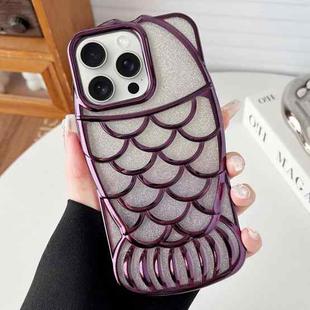 For iPhone 15 Pro Max Mermaid Shape Glitter Paper Embossed Electroplated TPU Phone Case(Dark Purple)
