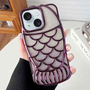 For iPhone 15 Mermaid Shape Glitter Paper Embossed Electroplated TPU Phone Case(Dark Purple)