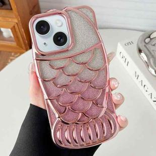 For iPhone 15 Mermaid Shape Glitter Paper Embossed Electroplated TPU Phone Case(Rose Gold)