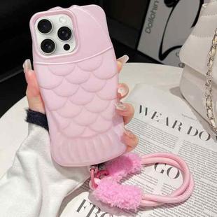 For iPhone 15 Pro Mermaid Embossed Oil Spray TPU Phone Case with Lanyard(Pink)