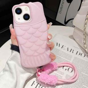 For iPhone 13 Mermaid Embossed Oil Spray TPU Phone Case with Lanyard(Pink)