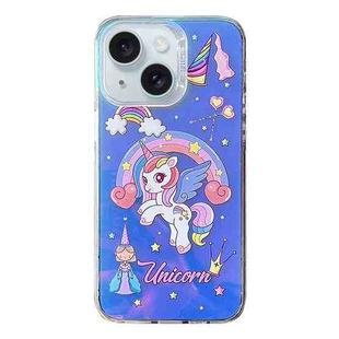 For iPhone 15 Colorful Pattern TPU + PC Phone Case(Rainbow Unicorn)